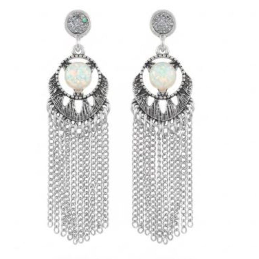 Lee Angel Women's Cosmic Sparkle Pyrite Opal Silver Fringe Drop Earrings NWT 98